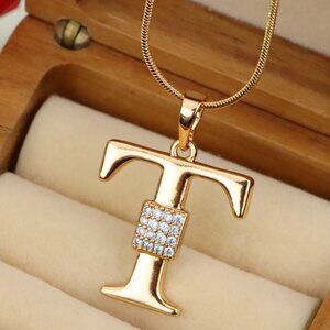 "Rose Gold T Letter Pendant with Sparkling CZ Stylish Charm, XPPT1431